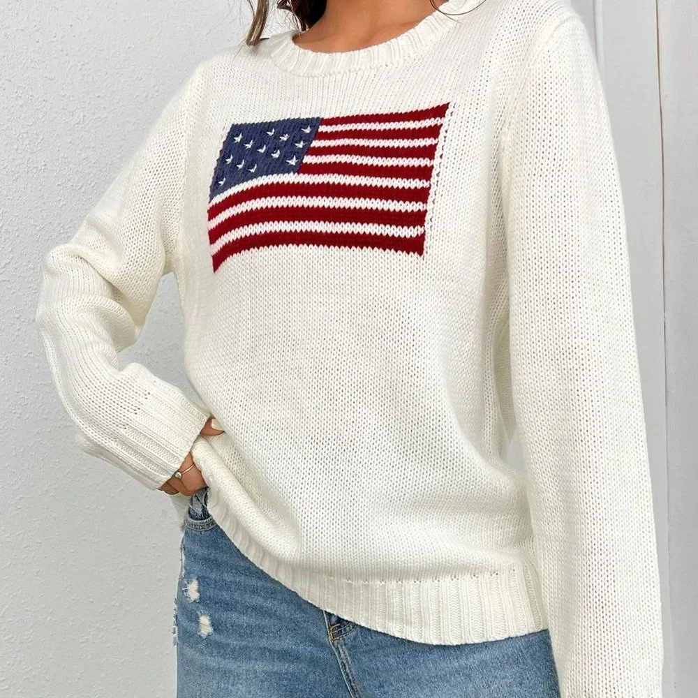 White Casual Womens Flag Pattern Sweater - Picture 2 of 5
